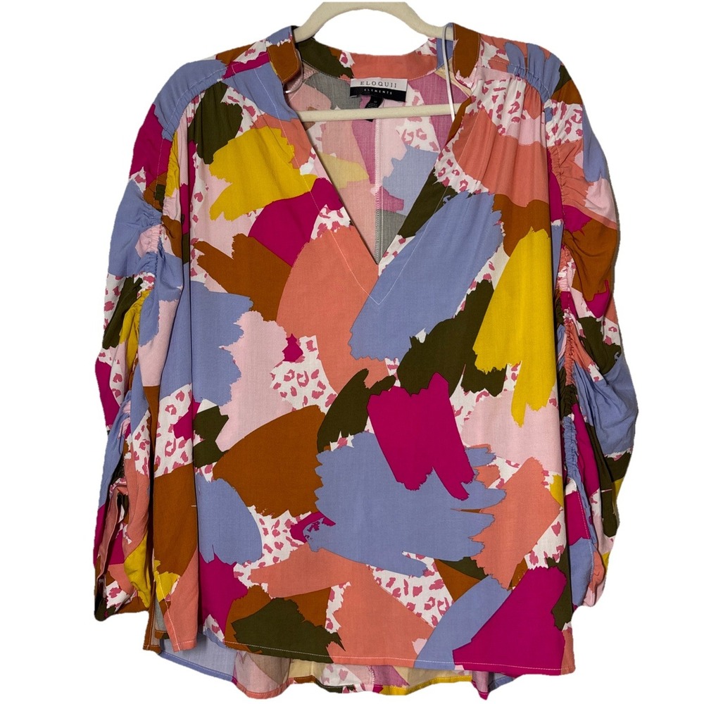 Eloquii Elements Blouse Womens Multicolor New Abstract Ruched Puff Sleeve 16